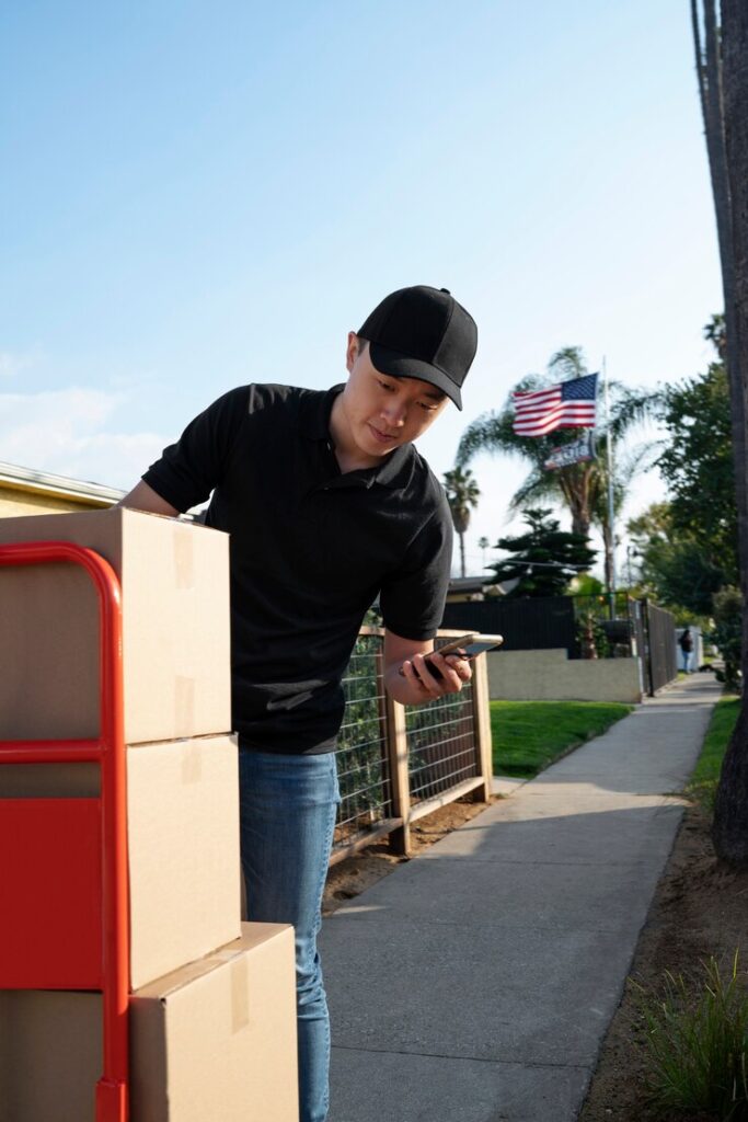 delivery person getting parcel out delivery 23 2149371927